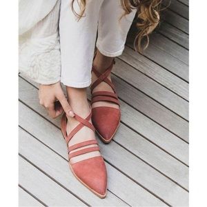 Frye Kenzie Moto Strappy Pointed Toe Flats Suede Rosewood Pink